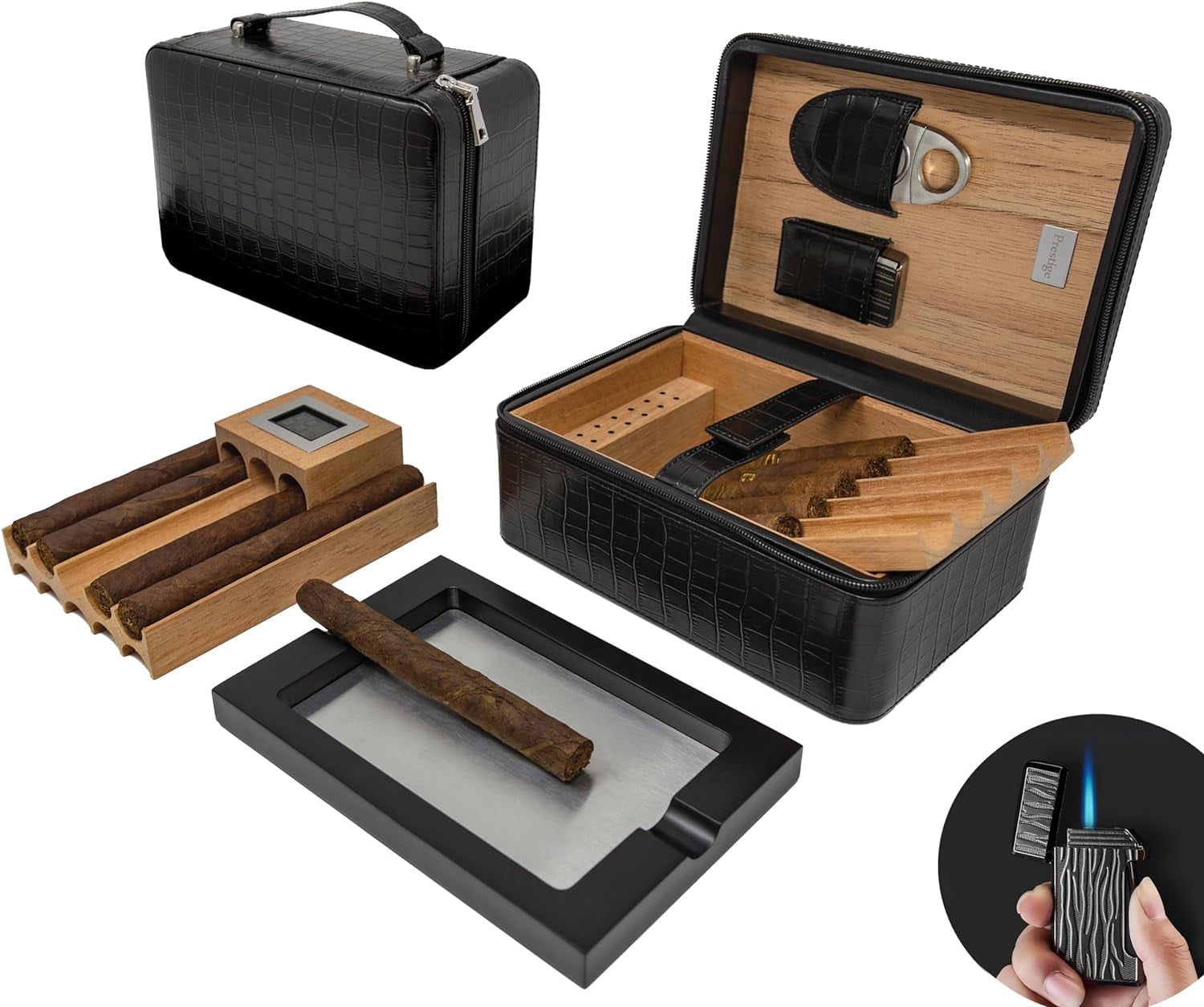 Prestige Import Group Manhattan XL Travel Cigar Humidor Case Set (Hygrometer, Ashtry, Cutter, Lighter, Humidifier) - Black