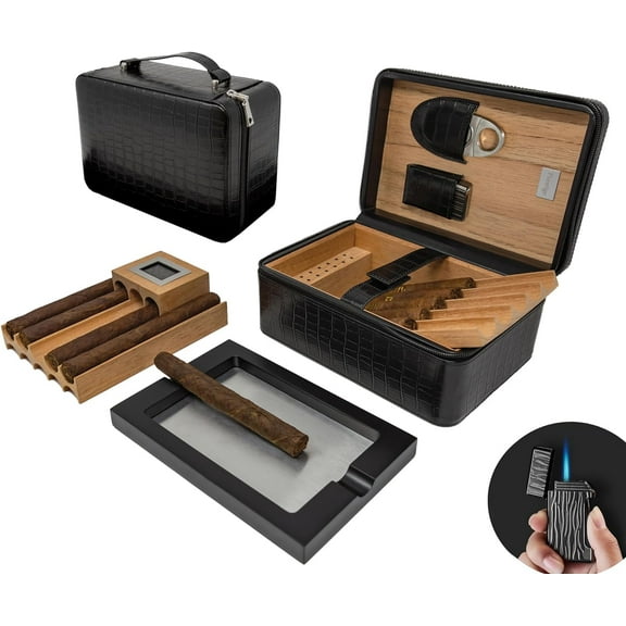 Prestige Import Group Manhattan XL Travel Cigar Humidor Case Set (Hygrometer, Ashtry, Cutter, Lighter, Humidifier) - Black