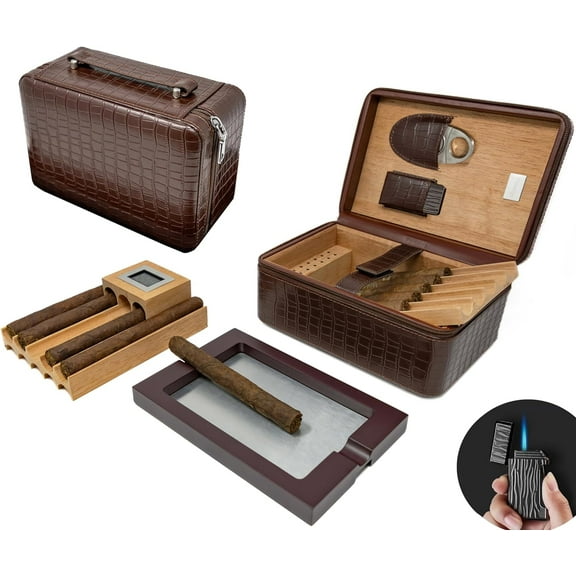 Prestige Import Group Manhattan XL Travel Cigar Humidor Case Set (Hygrometer, Ashtry, Cutter, Lighter, Humidifier) - Brown