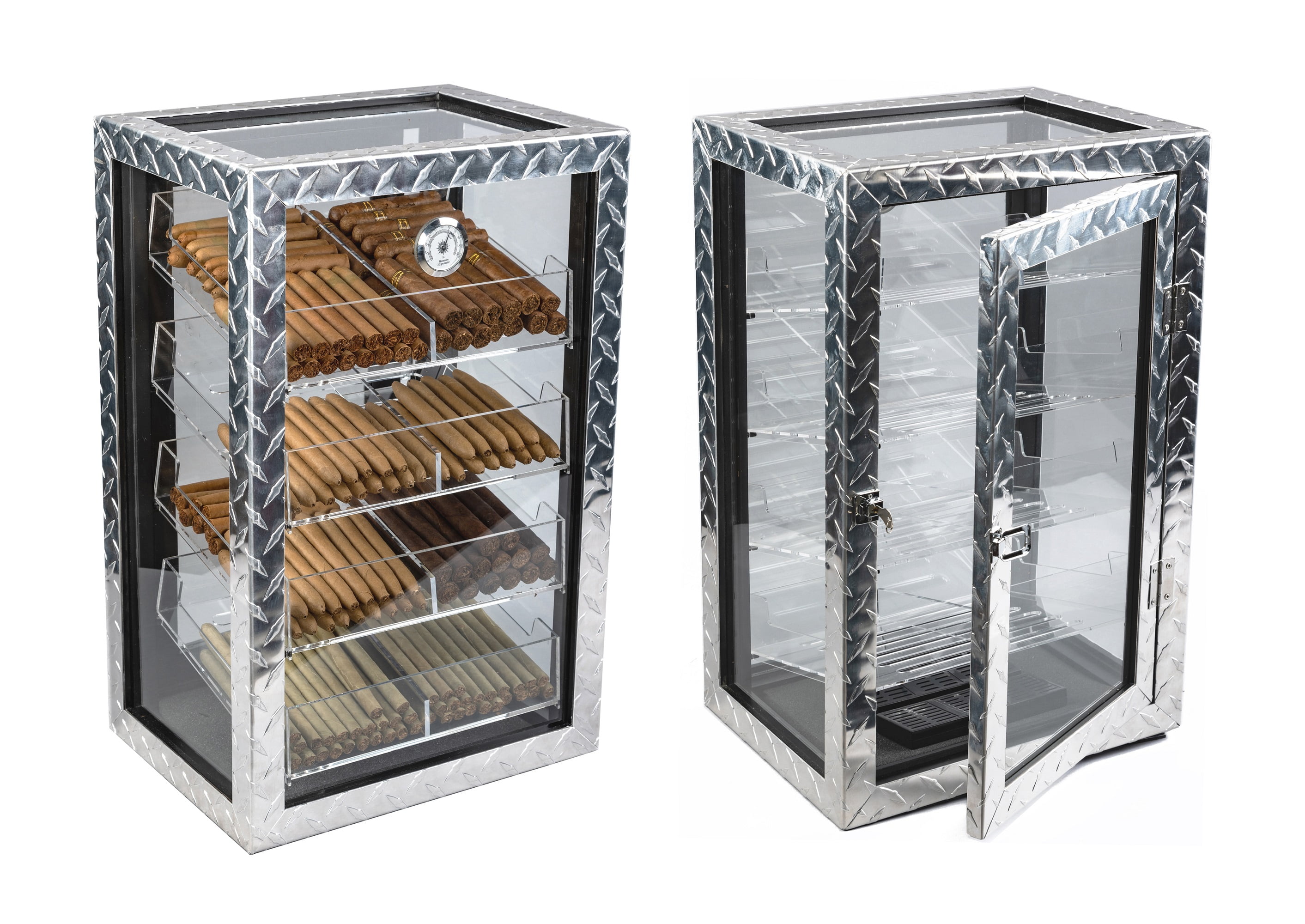 Prestige Import Group - The Diamond Plate & Glass Sides Countertop Display Humidor - Capacity: 250 - Color: Polished Metal & Glass