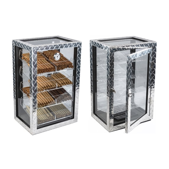 Prestige Import Group - The Diamond Plate & Glass Sides Countertop Display Humidor - Capacity: 250 - Color: Polished Metal & Glass