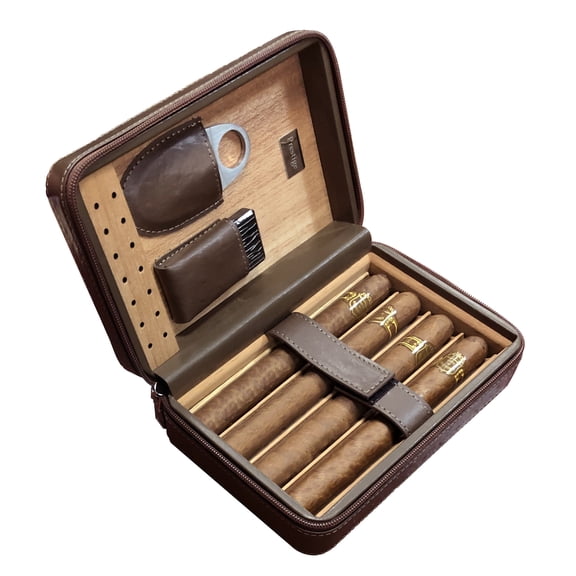 Prestige Import Group - The Manhattan Ostrich Motif Leather Travel Humidor Cigar Case with Zipper Closure - Color: Brown