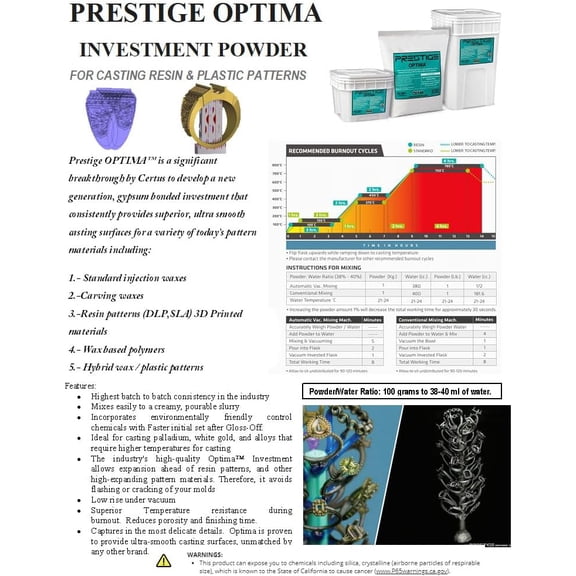 Prestige Optima Investment Casting Powder 10 lb Ultra Smooth Detail, RP Resin & 3D Model Compatible, Strong Permeable Mold for Gold, Silver & Non-Ferrous Metals, Vacuum & Centrifugal Casting