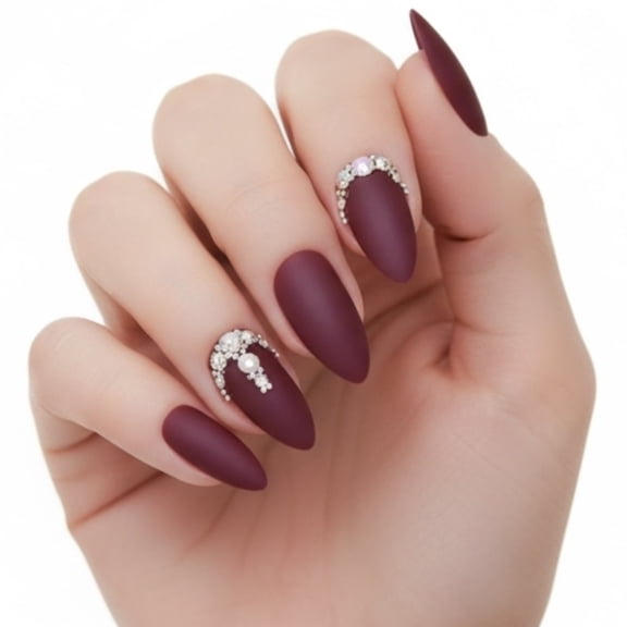 Matte Dark Red Burgundy 3D Crystal Press On Nails, Long Stiletto Fake Nails, Prestige Passion
