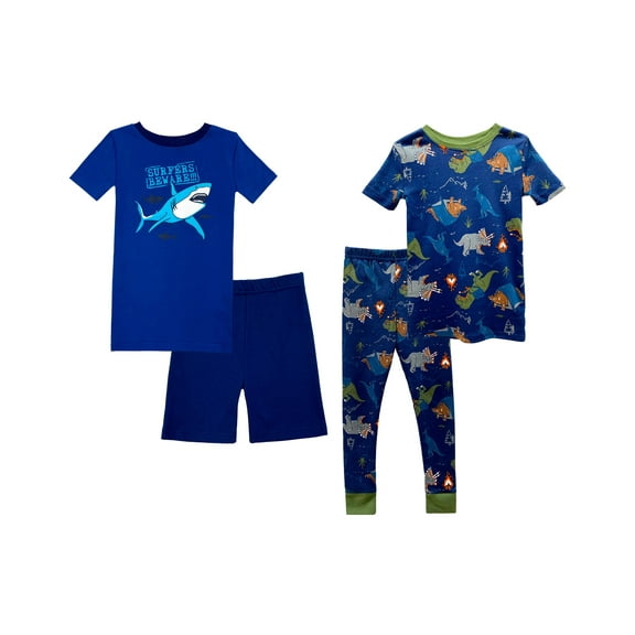 Prestigez Big Boys Four-Piece Pajama Set Male, Blue/Dinos, Size: 4