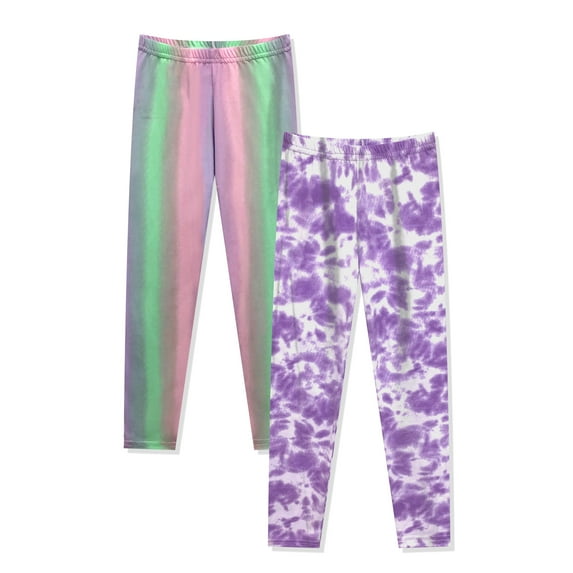 Prestigez Girls Cute Fashion Printed Stretchy Tie Dye Leggings Yoga Pants Pack of 2, Pastel Multi-Color/Purple, Pastel/Purple, Size: 8