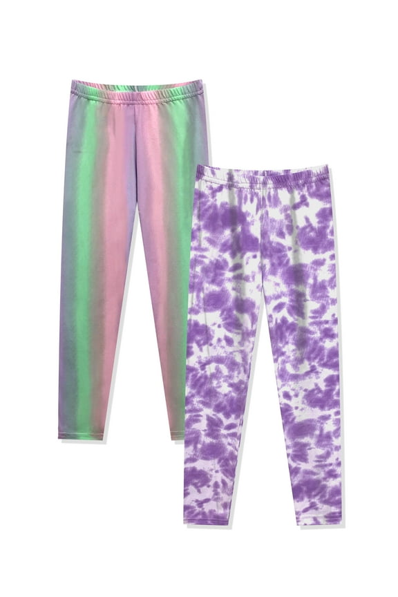 Girls Fashion Printed Stretchy Tie Dye Leggings Pants Pack of 2, Pastel/Purple, Size: 4T