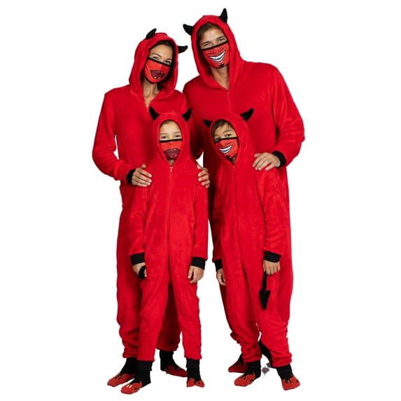 Prestigez Mens Family Devil Onesie Pajama Costume Union Suit Sleepwear With Hood, Mask, And Socks, Red - Devil, Size: Men - M