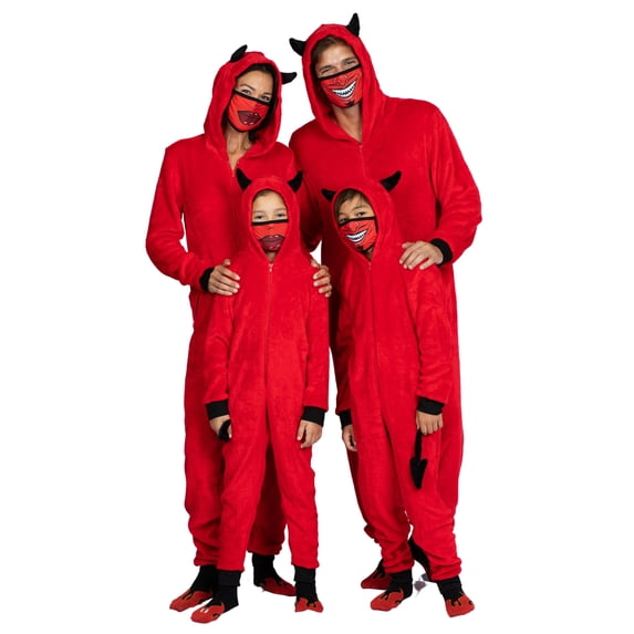 Prestigez Mens Family Devil Onesie Pajama Costume Union Suit Sleepwear With Hood, Mask, And Socks, Red - Devil, Size: Men - XL