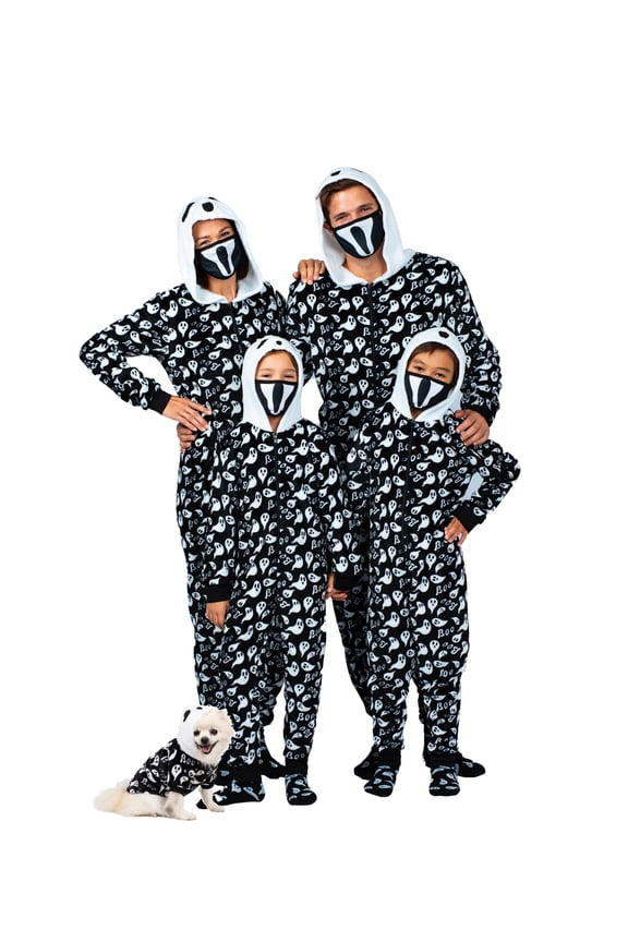 Mens Family Ghost Onesie Pajama Costume Union Suit Sleepwear With Hood, Mask, And Socks, Black - Ghost, Size: Men - S