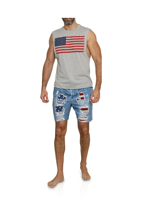 Mens Pajama USA Flag Pants or Boxer Shorts and Top, Shorts Set, Size: M
