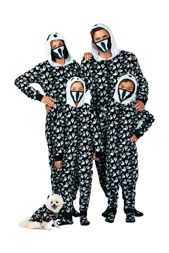 Womens Family Ghost Onesie Pajama Costume Union Suit Sleepwear With Hood, Mask, And Socks, Black - Ghost, Size: Women - M