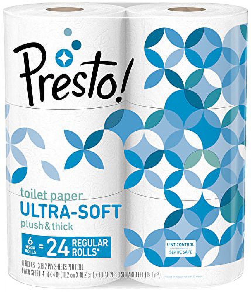 Presto! 308Sheet Mega Roll Toilet Paper, UltraSoft, 6 Count