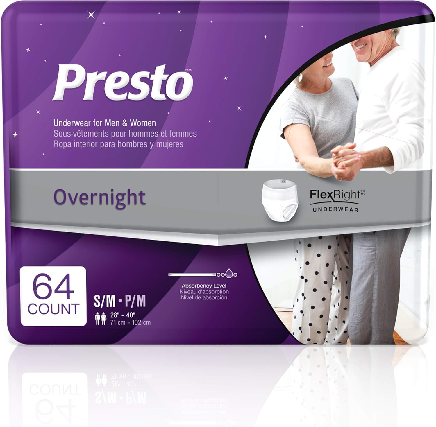 Presto Overnight Discreet Incontinence Underwear for Women and Men - Soft, Odor-Eliminating, for Longer Day or Nighttime Use, Small/Medium - 64 ct (4 Bags of 16)