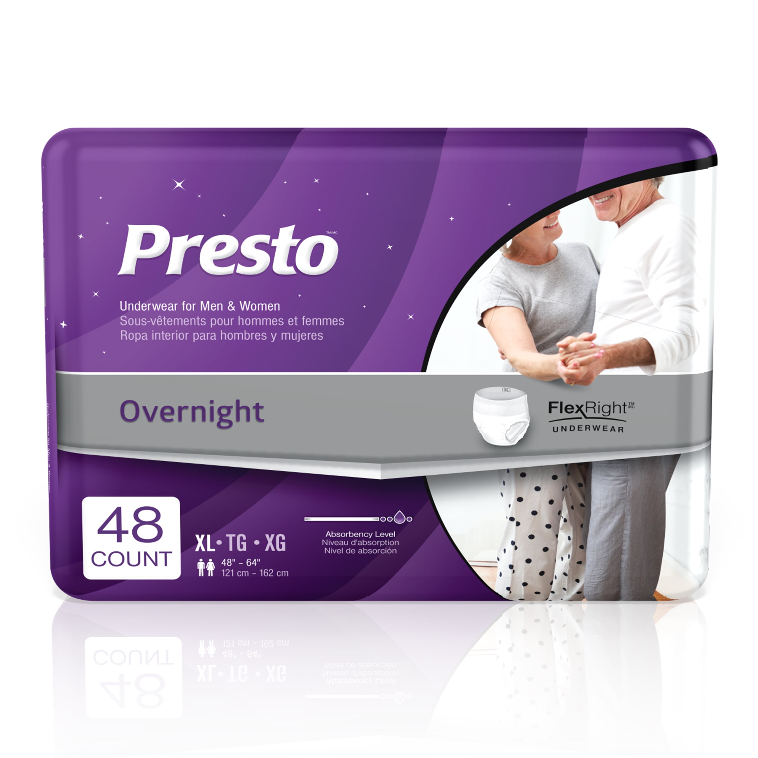 Presto Overnight Discreet Incontinence Underwear for Women and Men - Soft, Odor-Eliminating, for Longer Day or Nighttime Use, X-Large - 48 ct (4 Bags of 12)