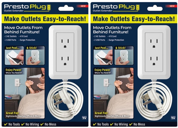 Presto Plug DELUXE Outlet Extender *2 pack* for Relocating Unreachable Power Outlets, 4ft Cord, 4 AC Outlets, 4 USB-A Ports, 2 USB-C Port & Built-in Shelf – *Includes 2 Units*