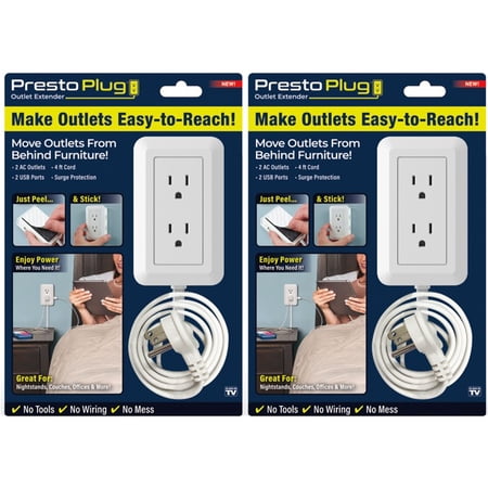 Presto Plug DELUXE Outlet Extender *2 pack* for Relocating Unreachable Power Outlets, 4ft Cord, 4 AC Outlets, 4 USB-A Ports, 2 USB-C Port & Built-in Shelf – *Includes 2 Units*