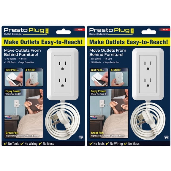 Presto Plug DELUXE Outlet Extender *2 pack* for Relocating Unreachable Power Outlets, 4ft Cord, 4 AC Outlets, 4 USB-A Ports, 2 USB-C Port & Built-in Shelf *Includes 2 Units*