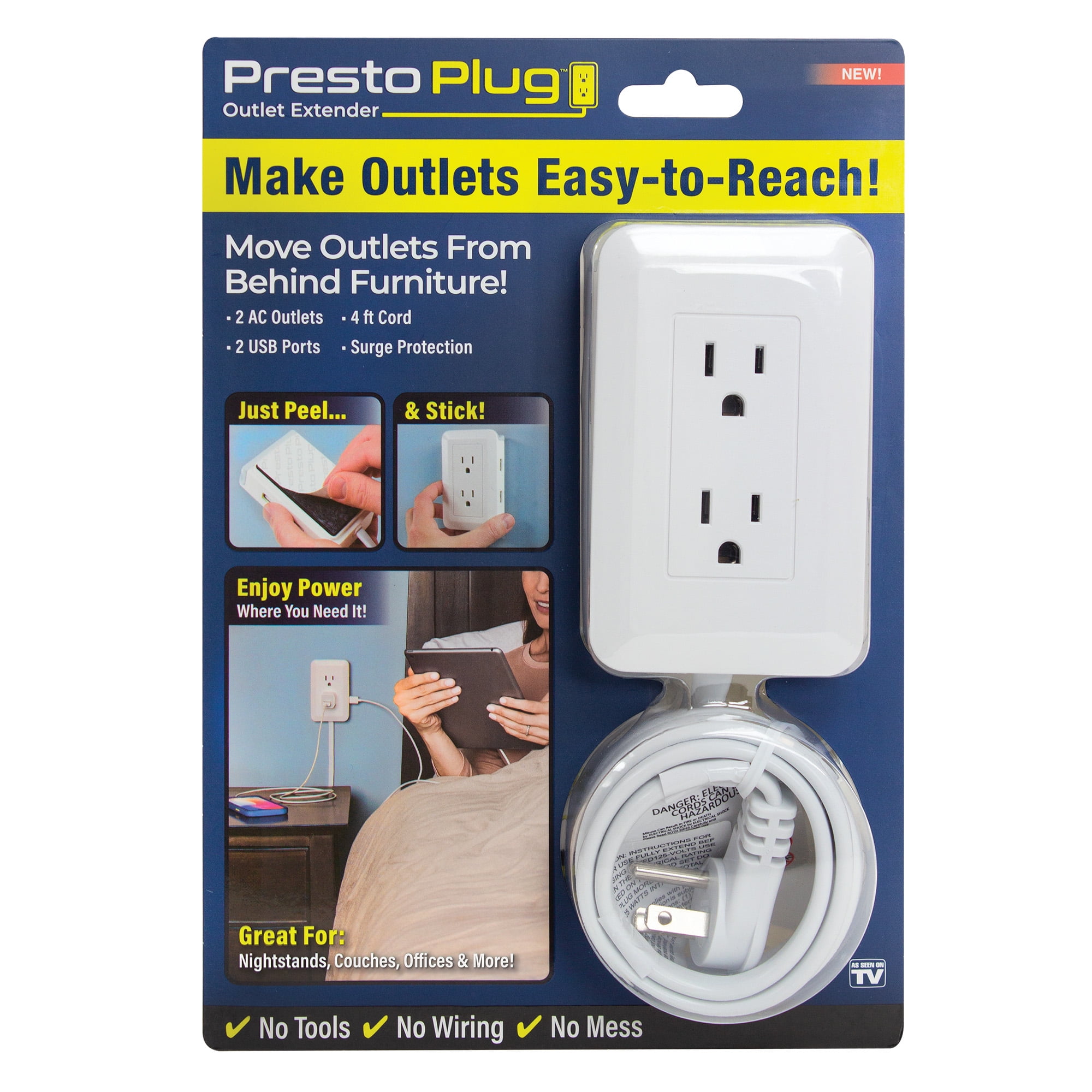 Presto Plug Outlet Extender, 2 USB AC Outlets, 4ft Cord Small Wall Charger -