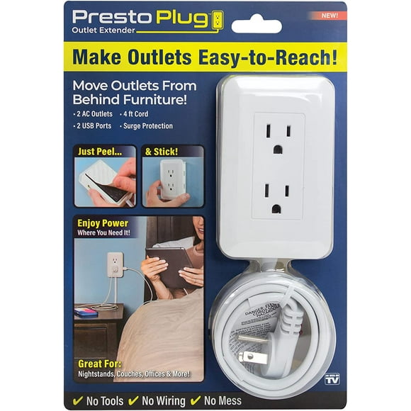 Presto Plug Outlet Extender for Relocating Unreachable Power Outlets, 4ft Cord, Sticks Easily on Wall, Provides Sur Protection, 2 AC Outlets, 2 USB Ports & Built-in Shelf