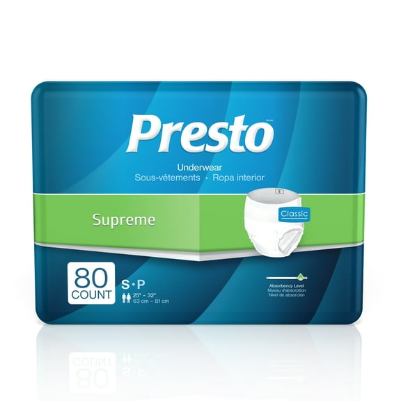 Presto Supreme Breathable Incontinence Underwear for Women and Men - Disposable, Odor Eliminator, Small - 80 ct (4 Bags of 20)