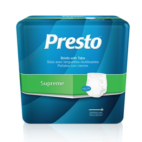Presto Supreme Full Fit Incontinence Diapers/Briefs for Women and Men - Adult Diapers, Disposable, Medium, Waist 32" -44", White, 96/Case (4 bags of 24)