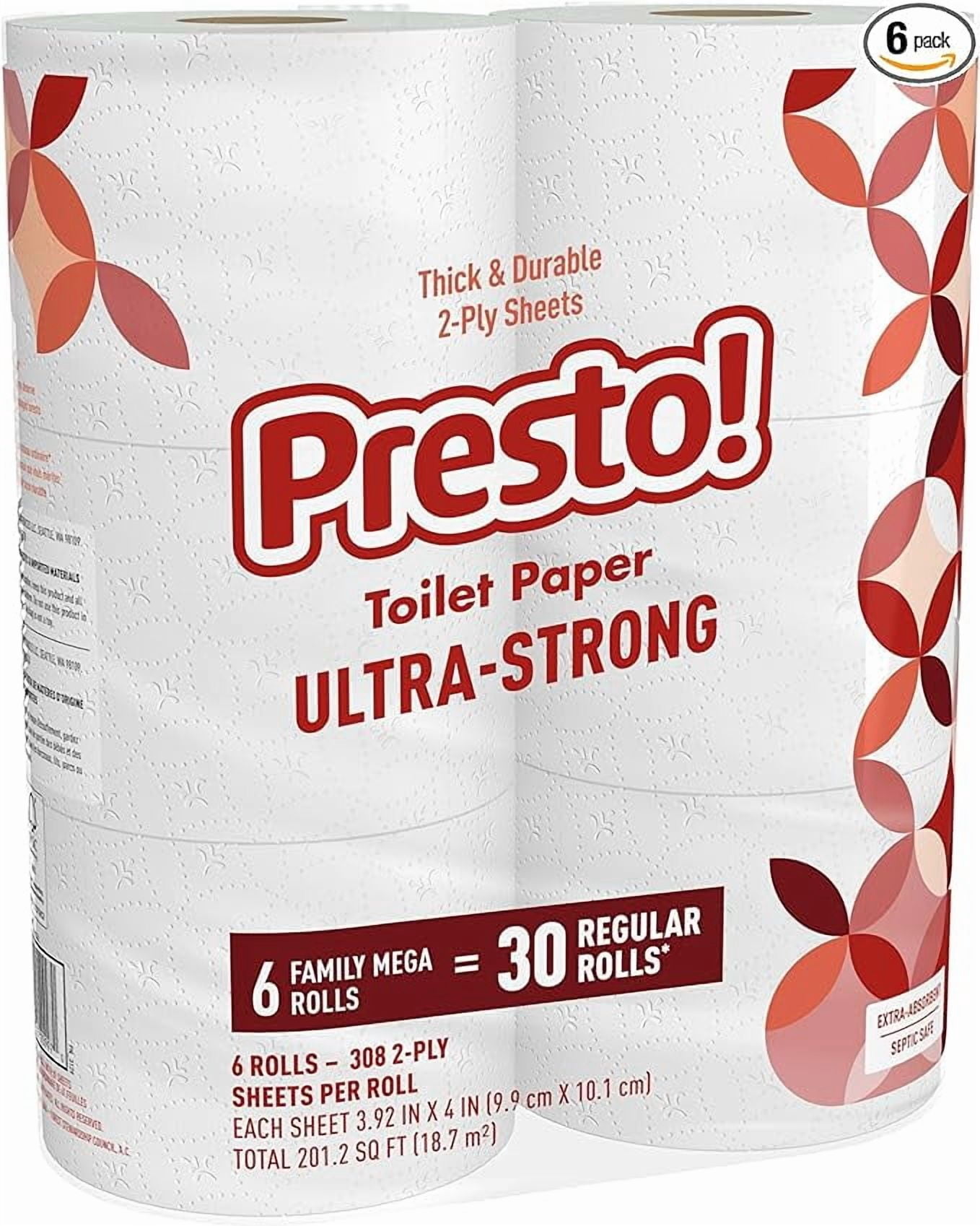 Presto! Ultra-Strong 2-Ply Toilet Paper, 6 Mega Rolls = 30 Regular Rolls, 308 Sheets Per Roll, Unscented