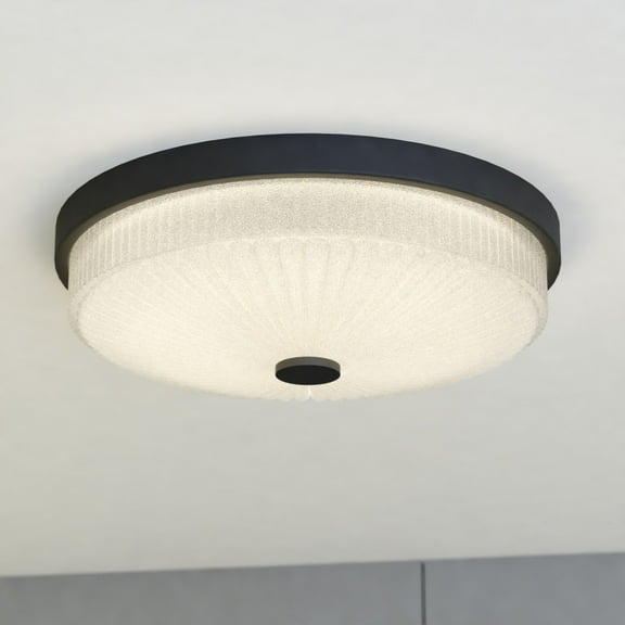 Preston 1-Light 12.5 in. Wide Matte Black Transitional Dome Flush Mount Lighting Fixture, Clear Ribbed Glass Shade, LED with Selectable Color Temperature for Low Ceilings, Bedroom, Hallway, Kitchen