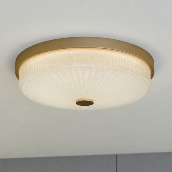 Preston 1-Light 12.5 in. Wide Natural Brass Gold Transitional Dome Flush Mount Lighting Fixture, Clear Ribbed Glass Shade, LED with Selectable Color Temperature for Low Ceilings