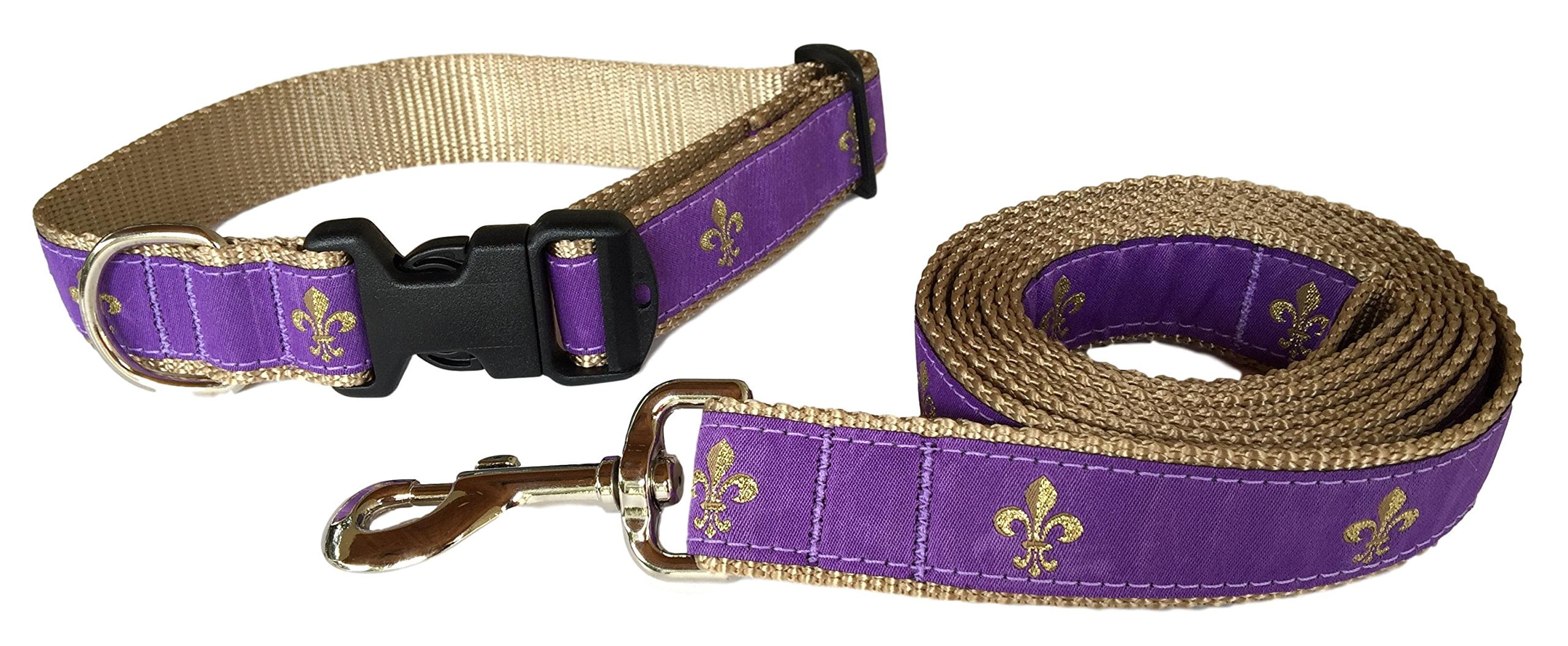 Preston Fleur De Lis Dog Collar and Leash Set in Purple and Gold Ribbon ...