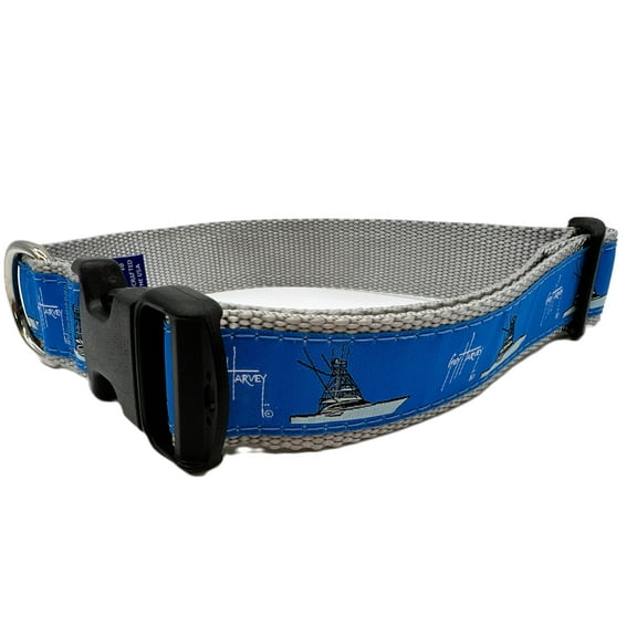 Preston Heavy Duty Adjustable Guy Harvey Dog Collar, Handsome Guy Harvey Sport Fishing Boat Dog Collars Come in Different Sizes for Dogs from X-Large to X-Small. (Small Collar 3/4 inch Wide)