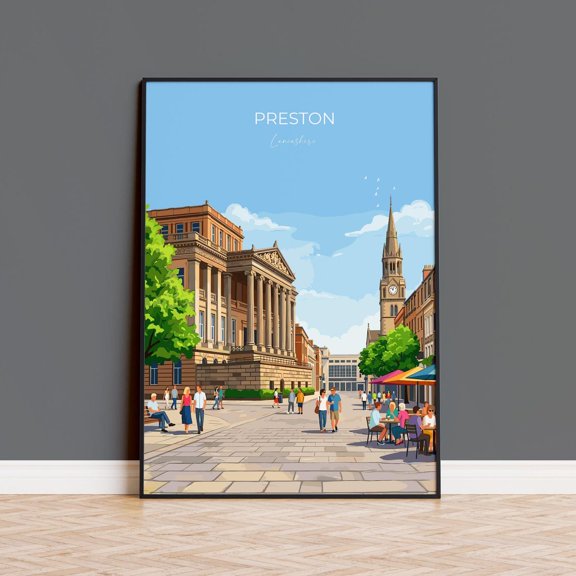 Preston Lancashire Travel Print Preston City Wall Art Lancashire Historic Uk City Illustration Vintage Style Decor Preston Gift