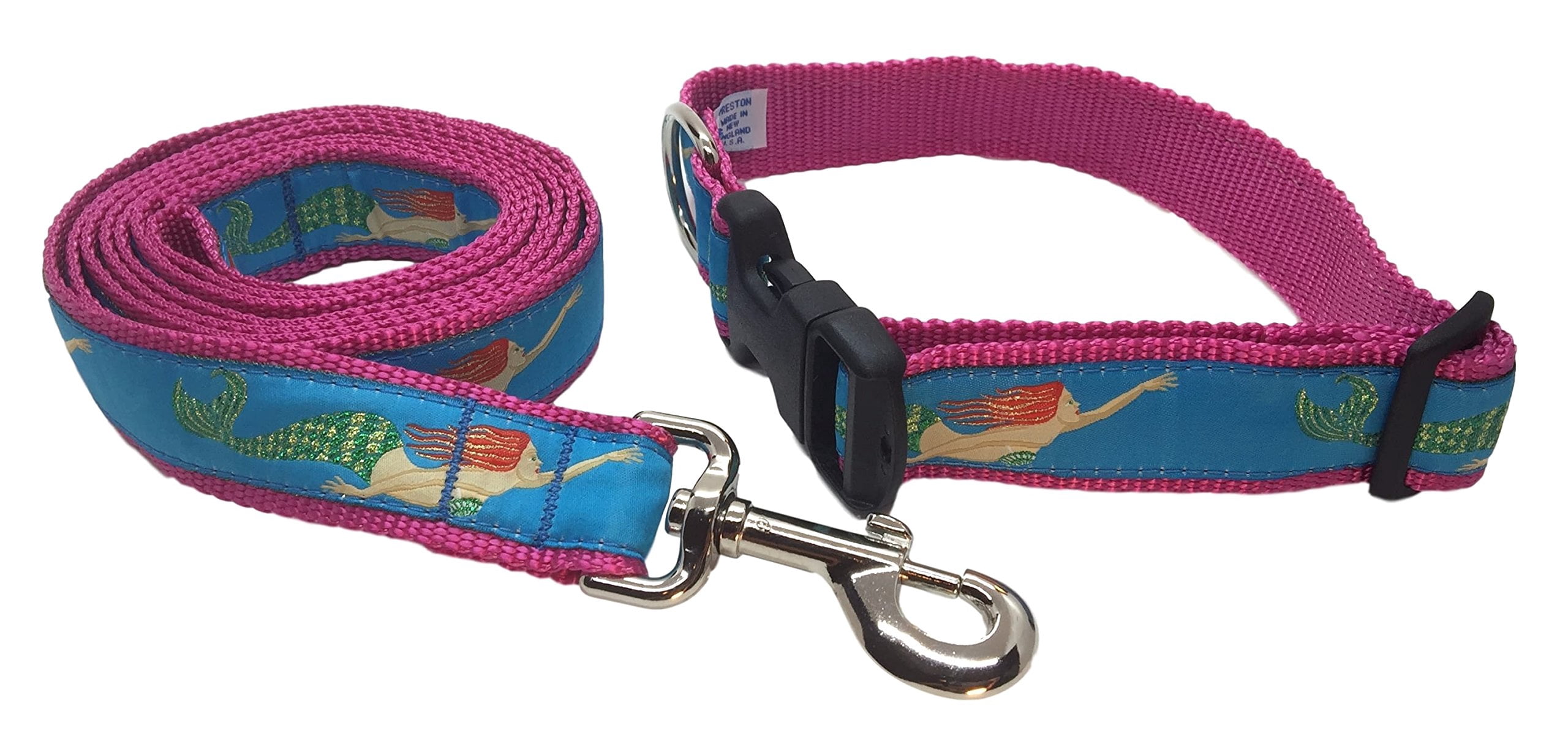 Preston Mermaid Dog Collar and Leash Set - Mermaid on Turquoise Blue ...