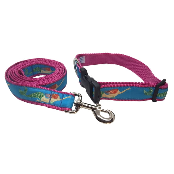 Preston Mermaid Dog Collar and Leash Set - Mermaid on Turquoise Blue Ribbon with Pink Nylon Webbing (Large)
