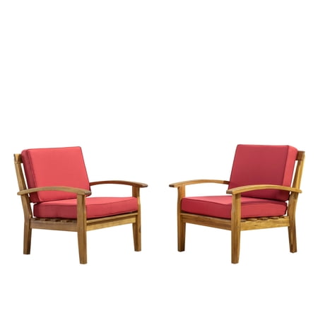 Preston Outdoor Wooden Club Chairs with Cushions, Set of 2, Red