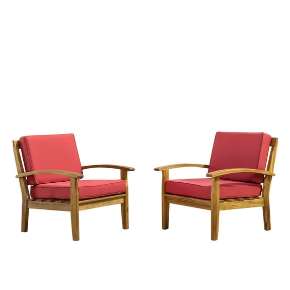 Preston Outdoor Wooden Club Chairs with Cushions, Set of 2, Red