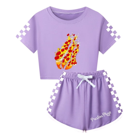 Preston Playz Girls Crop Shirt and Shorts – 2pc Outfit with Flame Design and Racing Checker Sides Teen Game Style