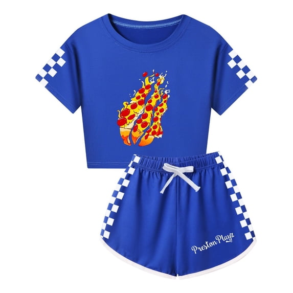 Preston Playz Girls Crop Shirt and Shorts – 2pc Outfit with Flame Design and Racing Checker Sides Teen Game Style