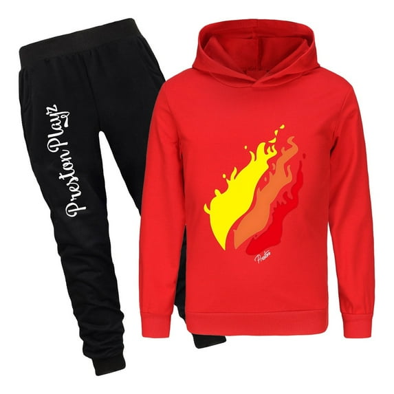 Preston Playz Kids Hoodie and Pants Set Boys Girls 2 Piece Flame Pullover and Joggers Outfit Game Clothing for School Play Gifts