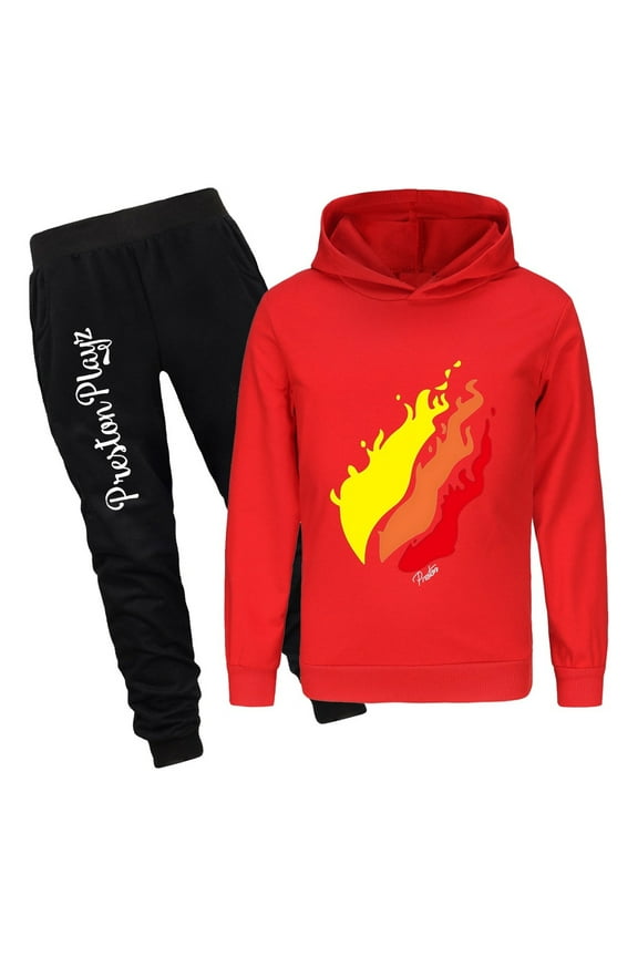 Preston Playz Kids Hoodie and Pants Set Boys Girls 2 Piece Flame Pullover and Joggers Outfit Game Clothing for School Play Gifts