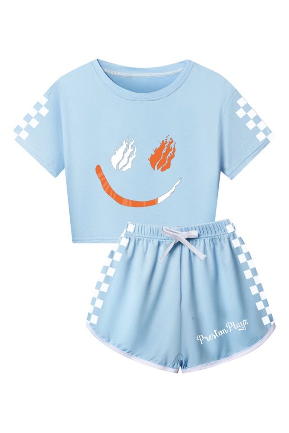 Preston Playz Themed Girls Outfit – 2 Piece Crop Top and Checkerboard Shorts Lightweight Summer Gaming Wear