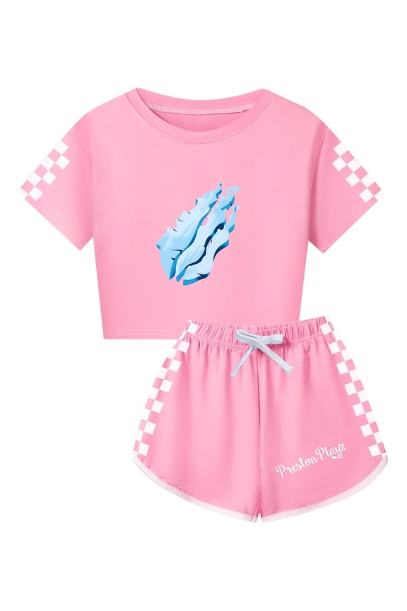 Preston Playz Youth Summer Clothes – Girls Flame Top and Comfy Shorts Set with Checkerboard Trim Active Game Wear