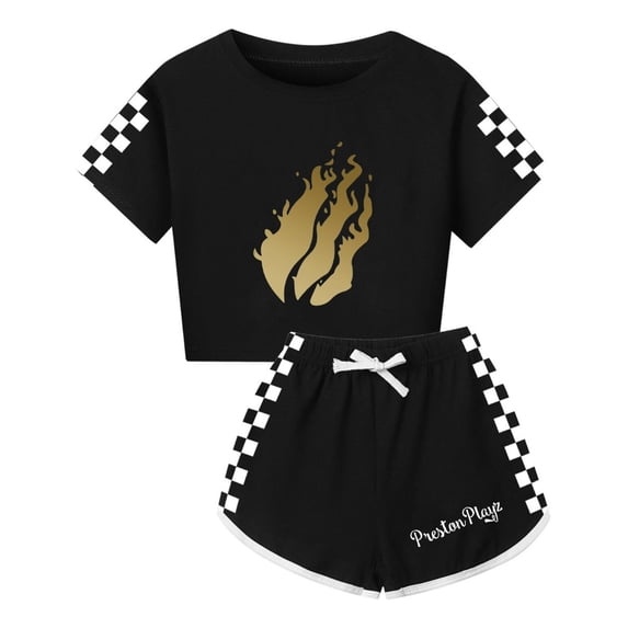 PrestonPlayz 2 Piece Set for Girls – Summer Crop Tee and Drawstring Shorts Game-Themed Flame Outfit with Checker Accents