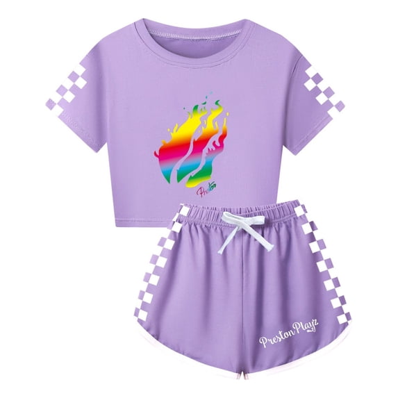 PrestonPlayz Crop Top and Shorts for Girls – Flame and Checkerboard Print Summer Set Game Style Outfit for Kids