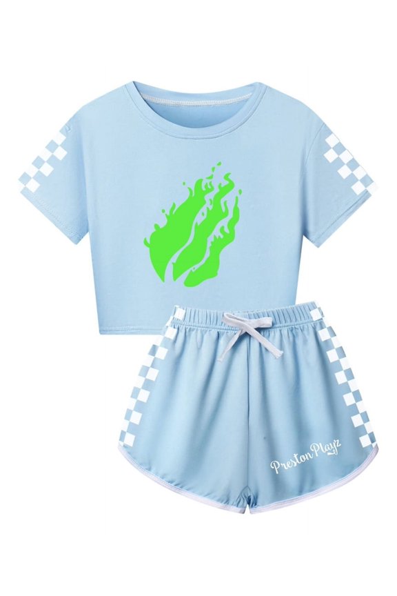 PrestonPlayz Girls Athletic Set – Flame Crop Top and Running Shorts with Checkered Sides Casual Summer Game Clothes