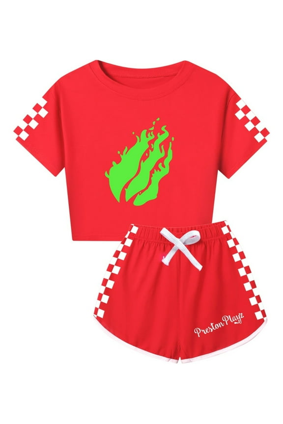 PrestonPlayz Girls Athletic Set – Flame Crop Top and Running Shorts with Checkered Sides Casual Summer Game Clothes