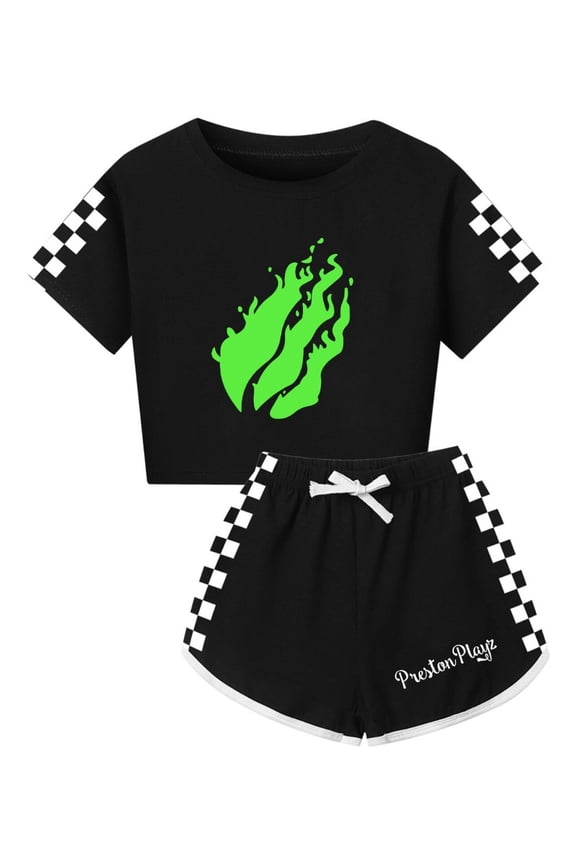 PrestonPlayz Girls Athletic Set – Flame Crop Top and Running Shorts with Checkered Sides Casual Summer Game Clothes