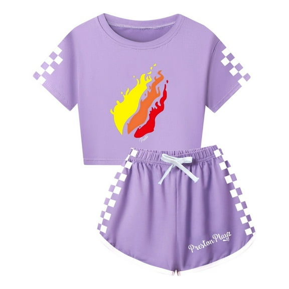 PrestonPlayz Girls Flame Crop Top and Shorts Set – 2 Piece Game Outfit with Checkerboard Trim Summer Activewear for Kids and Teens