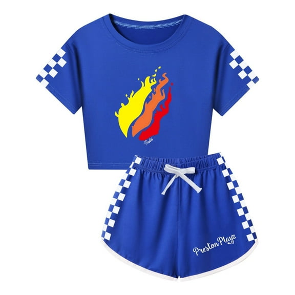 PrestonPlayz Girls Flame Crop Top and Shorts Set – 2 Piece Game Outfit with Checkerboard Trim Summer Activewear for Kids and Teens