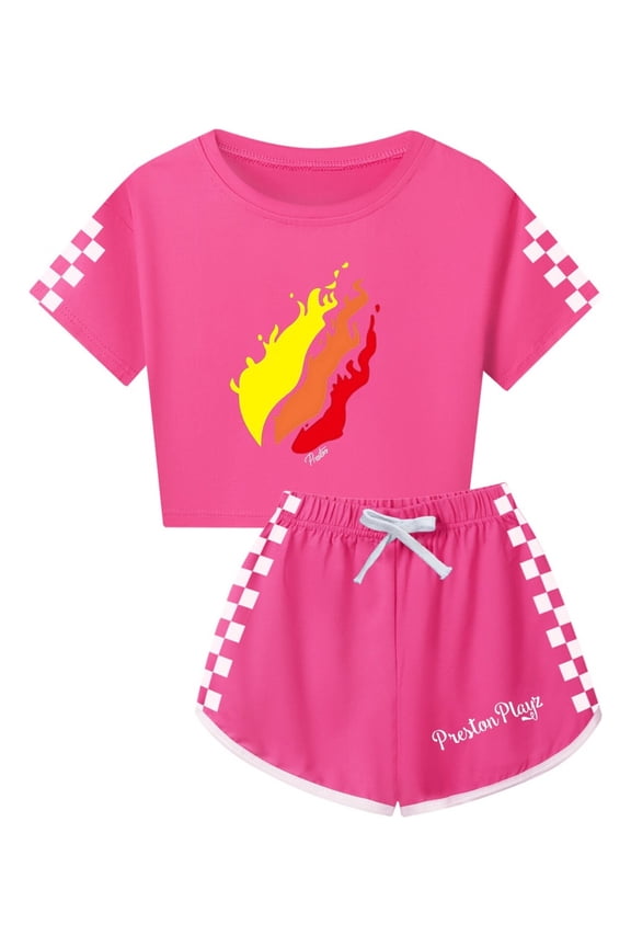 PrestonPlayz Girls Flame Crop Top and Shorts Set – 2 Piece Game Outfit with Checkerboard Trim Summer Activewear for Kids and Teens